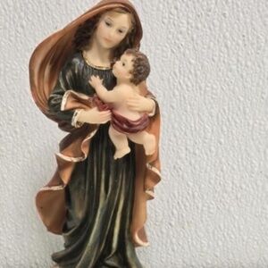 Vintage Statue Mary and Jesus Florentine Collection on Wood Stand Hand Painted